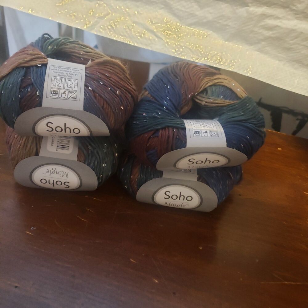 NEW SOHO Mingle yarn variegated yarn-blue, green, brown, tan w sequins 4 skeins